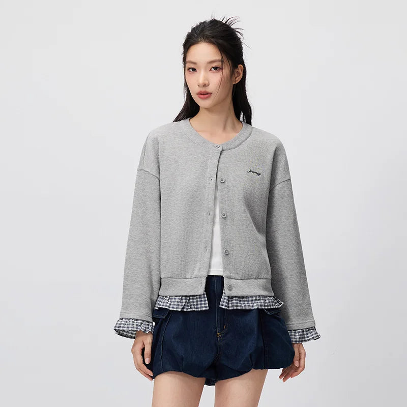 Semir Women Jacket Short Plaid Patchwork Faux Two Piece Loose Dropped Shoulder Embroidery Casual Outerwear 2026