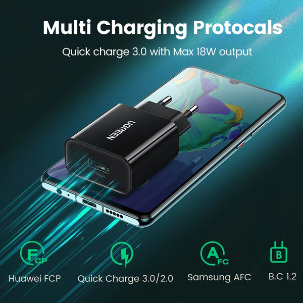 ឆ្នាំងសាក Ugreen USB Quick Charge 3.0 QC 18W USB Charger QC3.0 ឆ្នាំងសាកទូរសព្ទលឿនសម្រាប់ Samsung S26 Huawei Xiaomi iPhone