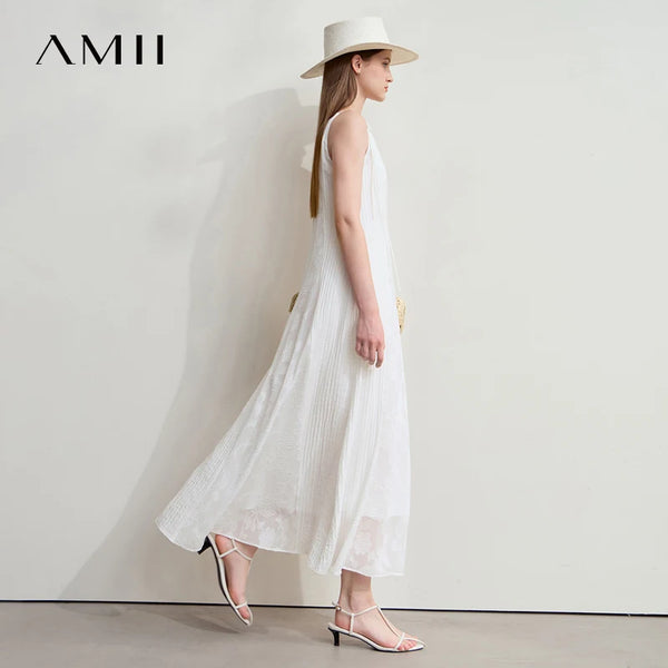 រ៉ូប Amii Minimalism Vacation Beige Summer 2025 រ៉ូបថ្មីសម្រាប់នារី Office កាត់ផ្កា A Line ដៃខ្លី ធម្មតា ចងជារាង Fairy 12542190