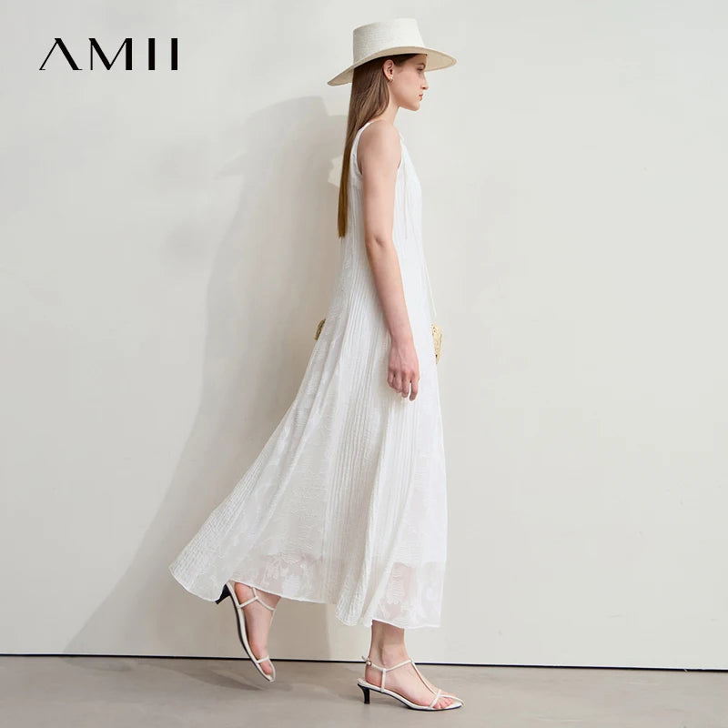 រ៉ូប Amii Minimalism Vacation Beige Summer 2025 រ៉ូបថ្មីសម្រាប់នារី Office កាត់ផ្កា A Line ដៃខ្លី ធម្មតា ចងជារាង Fairy 12542190