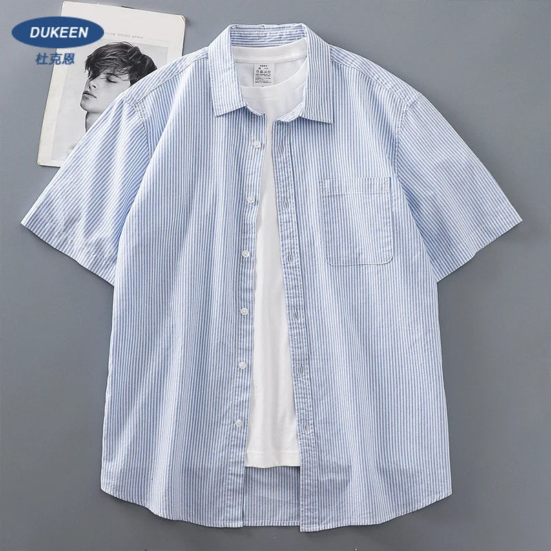 DUKEEN Men's Casual Tops Striped Shirt Loose Tops Cotton Short-Sleeved Spring and Summer T-Shirt Handsome Men's Shirt