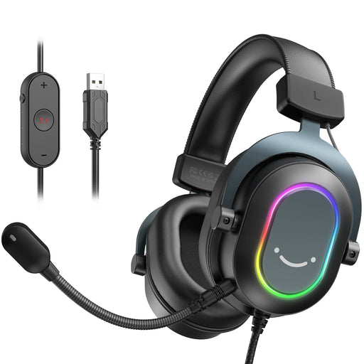 Fifine Dynamic RGB Gaming Headset with Mic Over-Ear Headphones 7.1 Surround Sound PC PS4 PS5 3 EQ Options Game Movie Music