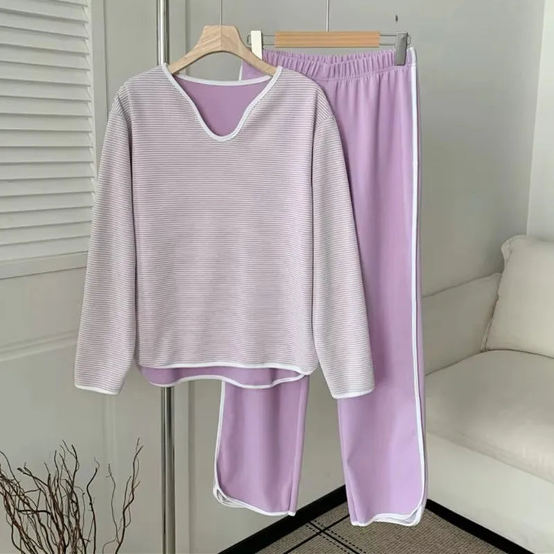 Pijama Feminino Thicken Fleece Long Sleeve Top Pant Set Fashion Striped Sleepwear Women's Pajamas Autumn Winter Home Clothes