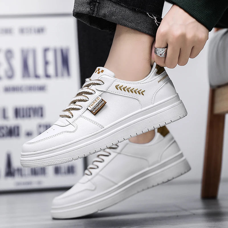 Men's white casual flat shoes four season breathable lightweight soft-sole outdoor walking shoes youth fashion sports board shoe