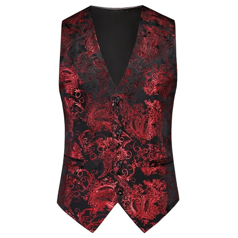 Men's Gold Printed Sleeveless Suit Vest, Red Single Breasted V-Neck Waistcoat, Wedding Party Vests, Asian Size M-6XL