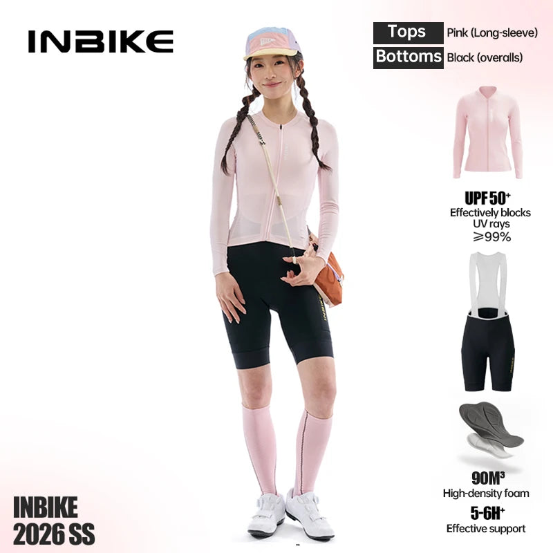 INBIKE Pro Women's Cycling Long Sleeve Breathable Gel Padded Bicycle Bib Pants Suit Mesh Bike Clothing Set for Women Quick-Dry
