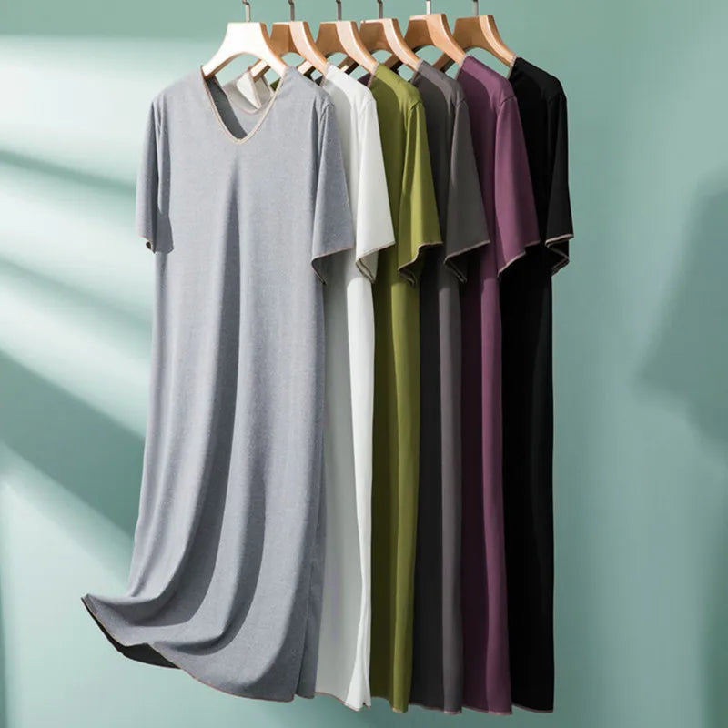 2026 New Modal Double V-Neck Nightdress Women's Large Size Housewear Short Sleeve Long Dress Casual Ladies Sleepwear Nightgowns