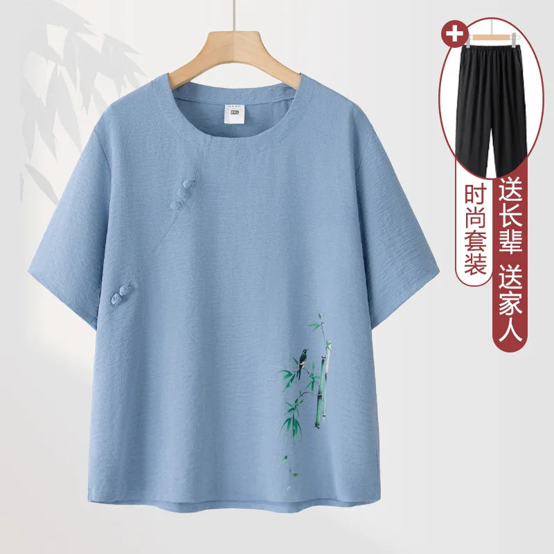 ឈុតអាវយឺតដៃខ្លី XL-4XL រដូវផ្ការីក រដូវក្តៅ ខោ ឈុតសម្រាប់ស្ត្រី សម្លៀកបំពាក់នៅផ្ទះ កប្បាស ឈុតពីរដុំសម្រាប់ម្តាយវ័យកណ្តាល