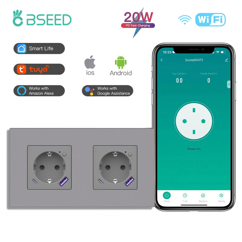BSEED WIFI Smart Socket With 20W Fast Charge Port Plastic Frame Smart Wall Socket USB Type-C Port Tuya Smart Life Control