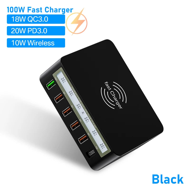 ឆ្នាំងសាក USB 6 រន្ធ សាកលឿន ឆ្នាំងសាកឥតខ្សែ អាដាប់ទ័រឆ្នាំងសាកលឿន USB C PD ឆ្នាំងសាកទូរស័ព្ទ សម្រាប់ iPhone 13 12 11 Samsung Huawei