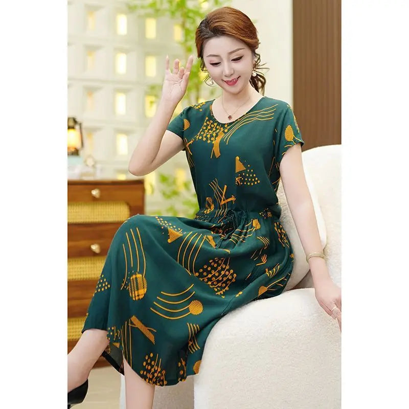 New Middle-aged Elderly Mothers Sleepwear Summer Cotton Dress Large Size Short-sleeved Ethnic Style Print Women's Nightgowns