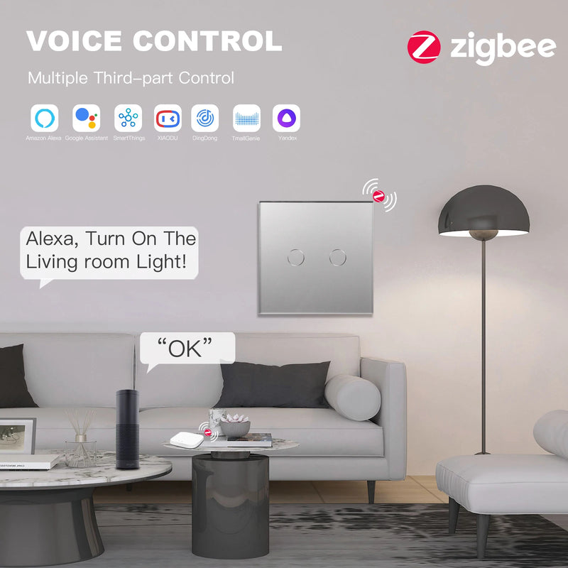 BSEED Zigbee Smart Switch 1/2/3Gang 1/2/3Way Smart Touch Light Switch Work With Tuya Smart Life Blue Backlight No Neutral Line