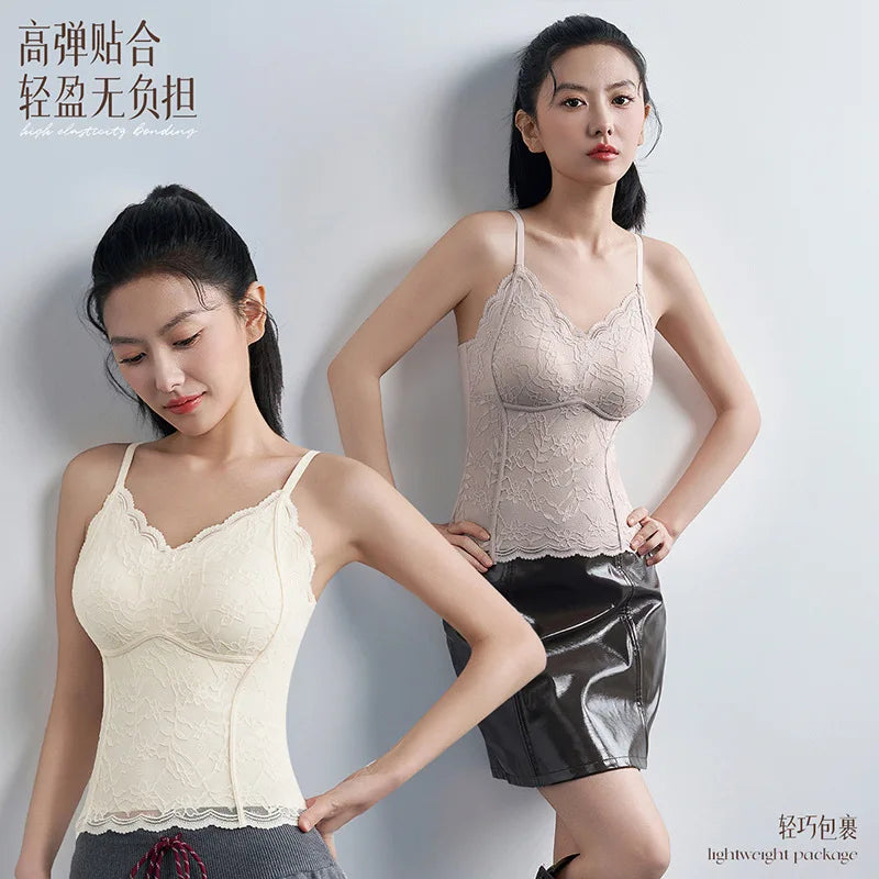 Sexy Slim-fitting French Lace Sling Vest for Women Fixed Cup Double Breasts Gathered Inner Top One Piece Sleepwear Pajamas