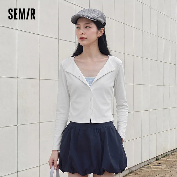 អាវយឺត Semir សម្រាប់នារី ដៃវែង ខ្លី ស្លីម ប៊ូតុងខាងមុខ ទាន់សម័យ ស្លៀកប្រចាំថ្ងៃ រដូវស្លឹកឈើជ្រុះ ឆ្នាំ២០២៦
