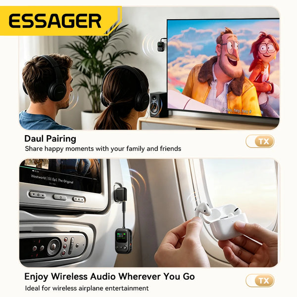 ឧបករណ៍ទទួល/បញ្ជូនសំឡេង Essager Bluetooth 6.0 ជាមួយមីក្រូហ្វូន 3.5mm Jack អេក្រង់ LCD សម្រាប់រថយន្ត/ស្តេរ៉េអូផ្ទះ/ទូរស័ព្ទ/កាសស្តាប់ត្រចៀក/ឧបករណ៍បំពងសម្លេង/ទូរទស្សន៍