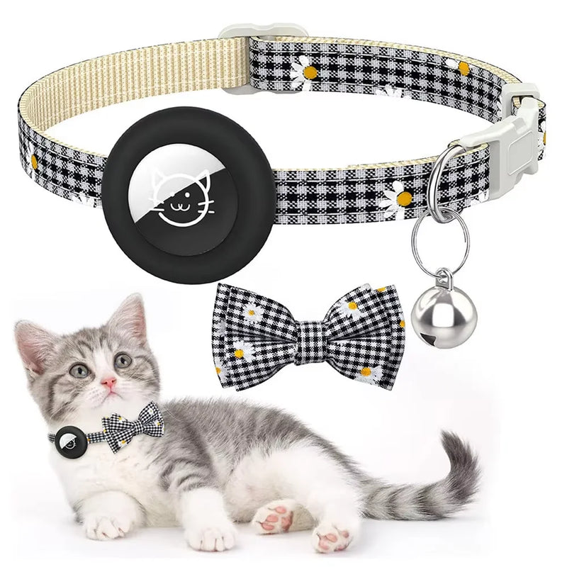 Breakaway Cat AirTag Holder Checkered Printed BowvCollar Adjustable Kitten Cat Collar with Bell Pet Air Tag Case