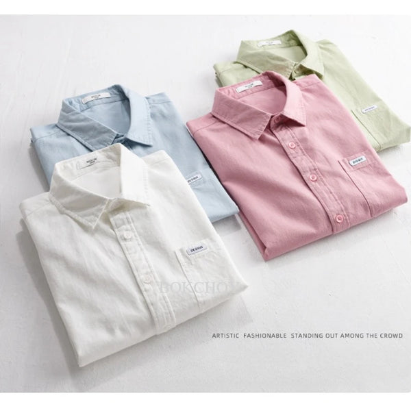 Summer New Casual Solid Color 100% Cotton Short Sleeve Shirt for Men Slim Casual Turn-down Collar Classic Shirt FY387