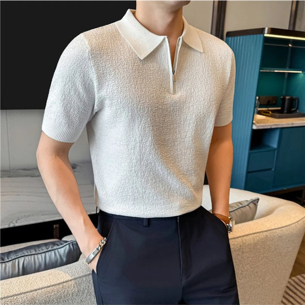 Men Summer Short Sleeve Half Zip Polo Shirt Old Money Style Knitted Jacquard Solid Color Smart Casual Top