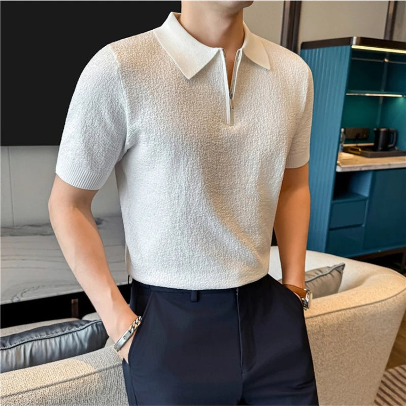 Men Summer Short Sleeve Half Zip Polo Shirt Old Money Style Knitted Jacquard Solid Color Smart Casual Top