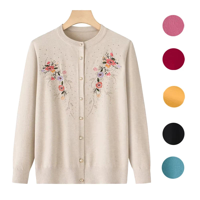 Middle-aged And Elderly Women's Embroidery Knit Cardigan Jacket Single-breasted Slim Sweater Coat Spring Autumn Grandma Clothing