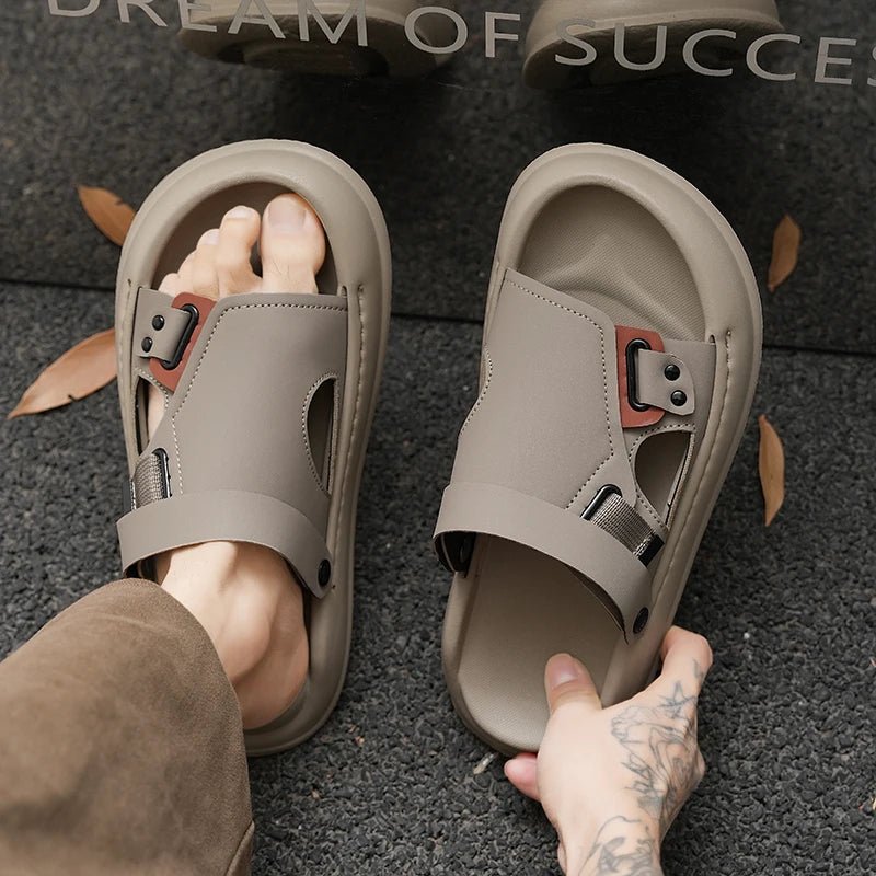 Men's casual Solid Color One strap slide slippers summer new breathable lightweight soft sole slip on outdoor beach walking shoe