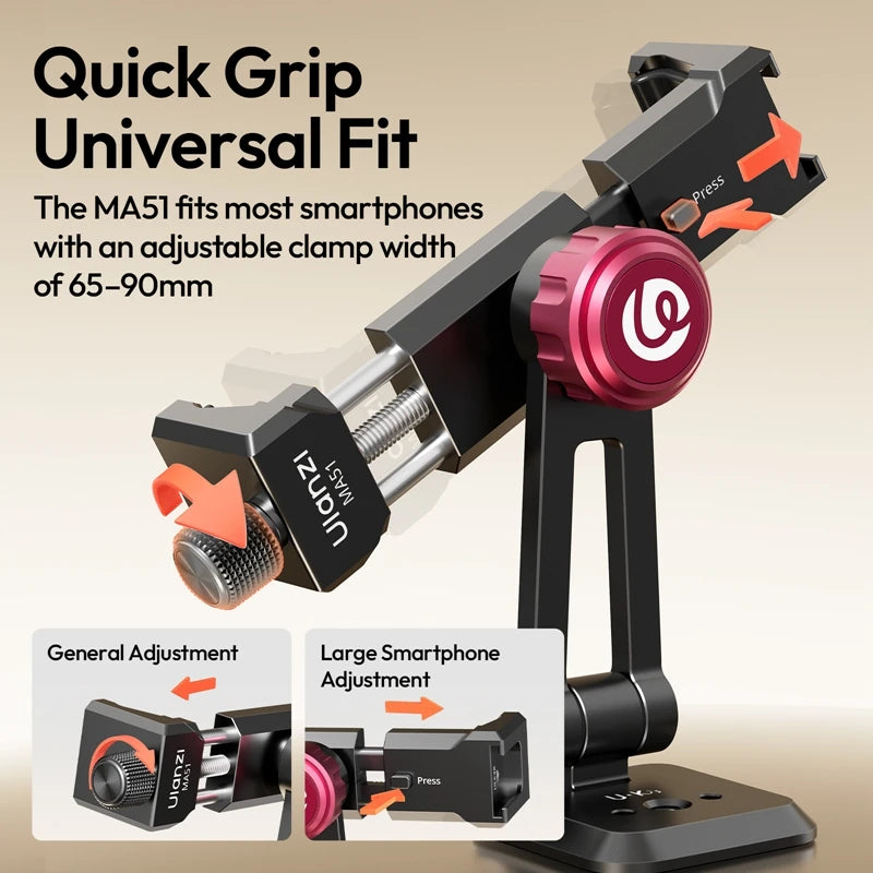 ក្ដាប់ទូរស័ព្ទ Ulanzi MA51 QuickClip ម៉ោនជើងកាមេរ៉ាជាមួយនឹងការបង្វិល 360° Uka បញ្ចេញរហ័សសម្រាប់ម៉ោនភ្លើងវីដេអូ Vlog ផ្សាយផ្ទាល់