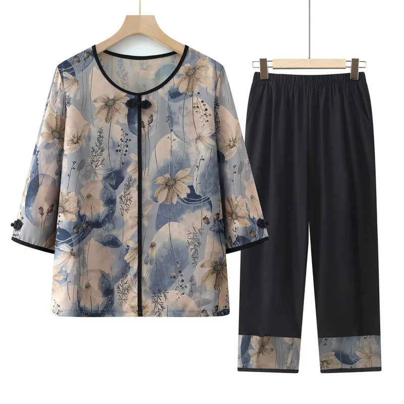 New Summer Women's Two-piece Set: A Chinese-style Mid-sleeve Blouse Paired with Elastic-waist Pants, Available in Blue,Green,Red