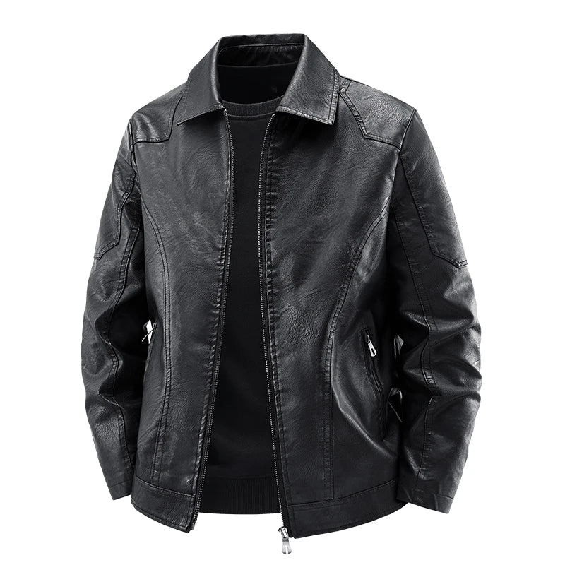 2026 Autumn/Winter Men's Fashionable Leather Jacket, Slim Fit, Lapel Collar, Zipper Front, Casual Style