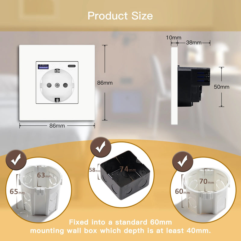 BSEED Single Wall Socket USB Type-C Fast Phone Charge Port Socket 20W Triple Power Plugs Plastic Panel Four Frame Outlets