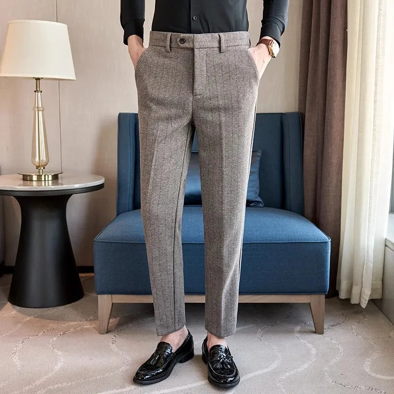 2026 Men's Black Herringbone Pants, Winter Fashion Slim Trousers, Gray, Brown, Coffee, Apricot, Green To Choose From,Asian Size