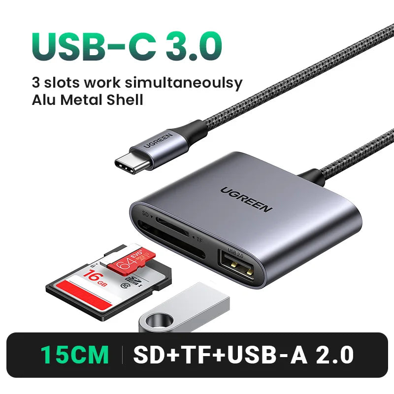 UGREEN Card Reader 4-in-1 USB3.0 Type-C to USB-A/TF/SD OTG Adapter Memory Card for Laptop Macbook iPhone15/16 Samsung Android