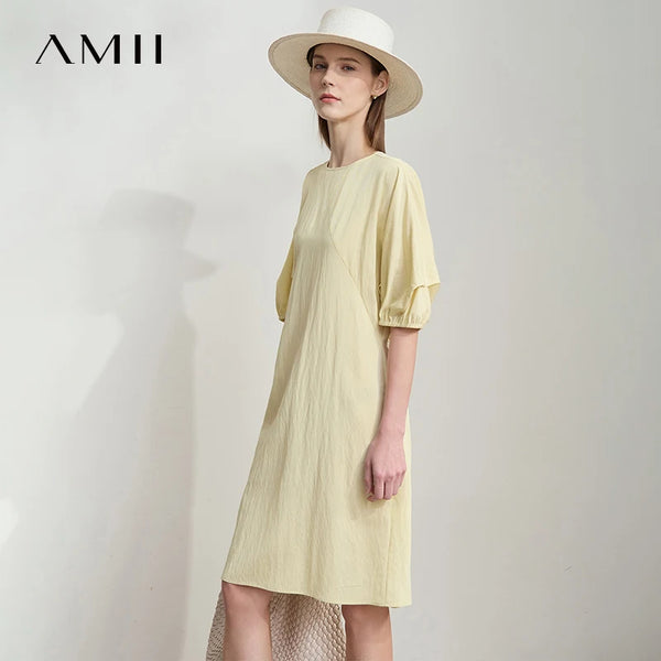 AMII Women Elegant Summer Dresses 2026 Round Neck Lantern Sleeve Solid Dress Female New Fashion Office Lady Clothing 12542030