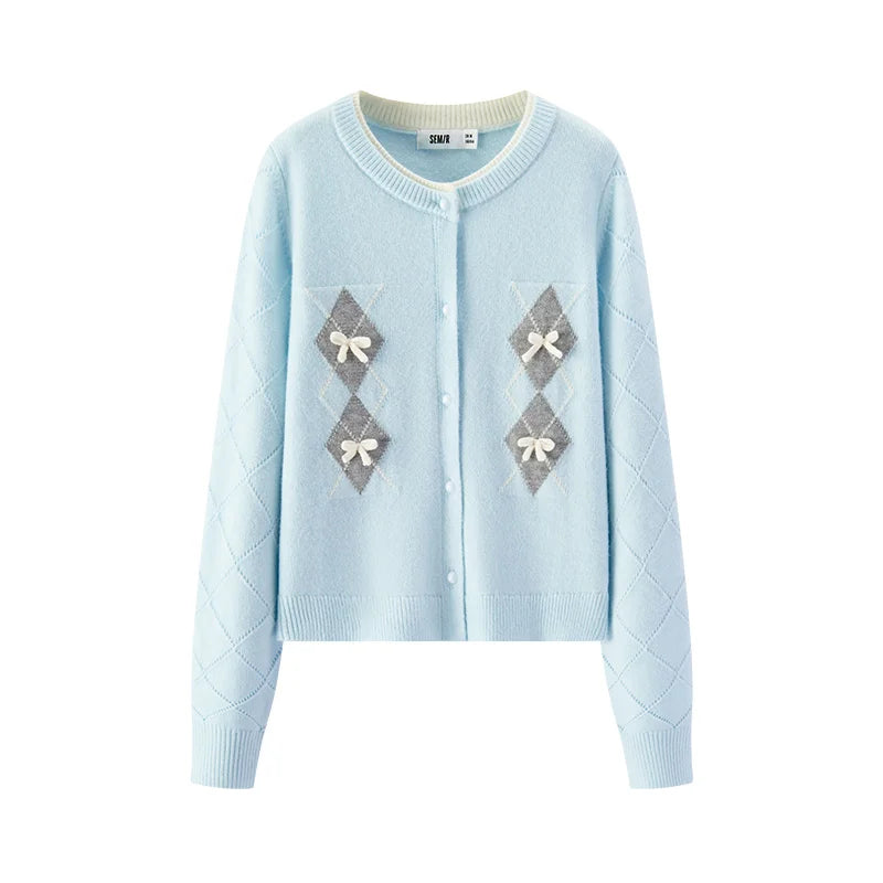 Semir Knitted Cardigan Women Winter Short Length Bow Argyle Fake Two-Piece 2025 New Sweater Girly Wool Sweater Women'S Wear