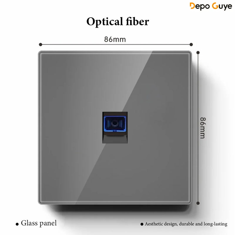 Grey Tempered Glass UK Standard 13A Wall Switch Socket with LED USB Type-C TV CAT6 Data Outlet British Electrical Wall Panel