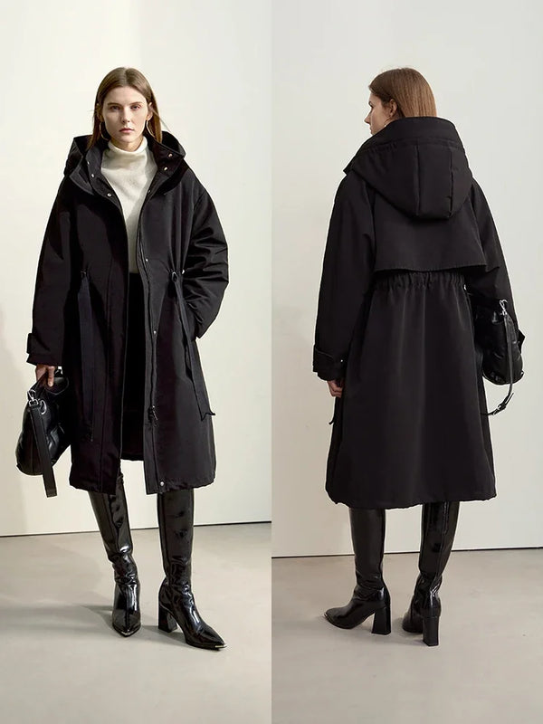AMII Minimalism Down Jacket for Woman Spliced Detachable Cap Drawstring Belt 2026 Winter Long Casual Warm Overcoat 12444037