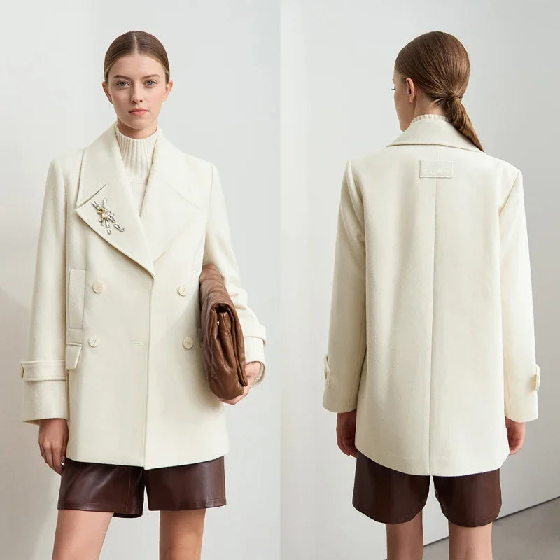 Amii Minimalist 2026 Winter Women Clothing Lapel Shoulder Pads Woolen Jackets Embroidery Loose Double-breasted Coat 12424083