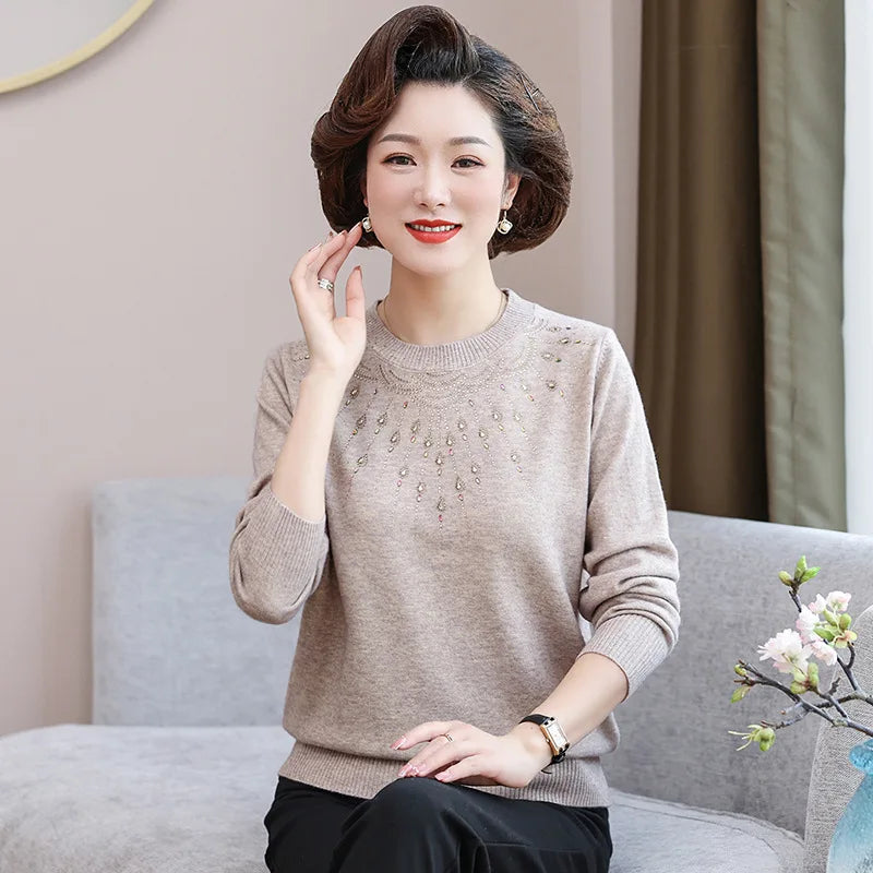 New Mid Aged Mother Pullovers Spring Autumn Sweater Fashion Diamond Knitwear Bottom Top Round Neck Pull Women Knitting Shirt