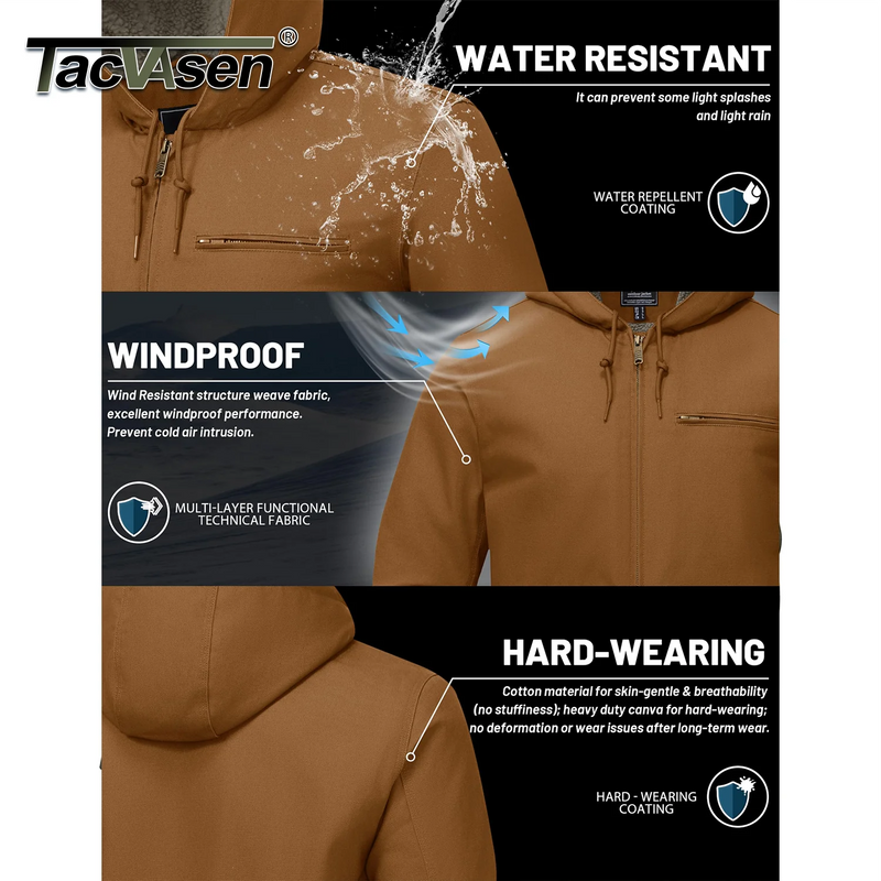 TACVASEN Men's Hooded Work Sherpa Insulated Jacket Winter Fleece Lined Duck Heavy Duty Canva Cotton Coat with Hoodie Waterproof