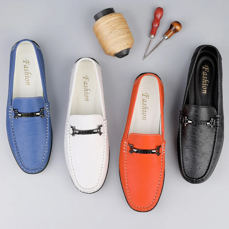 Men's Ostrich Embossed Loafers, PU Leather Slip On Driving Shoes with Metal Buckle, Orange/White/Black Casual Shoes