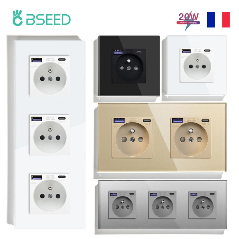 BSEED French Standard 20W Fast Charge Port Wall Power Socket Double France USB Type-C Electrical Outlets Crystal Glass Frame 16A