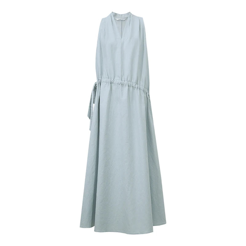 Amii Sleeveless Womens Dresses 2026 Summer New V-Neck Linen Blend Breathable Drawstring Tie A-Line Elegant Long Dress 12652013