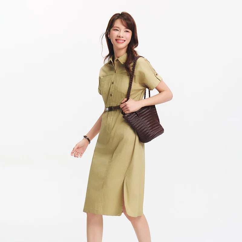 អាវរ៉ូបស្ត្រី Semir កអាវកប្បាសរន្ធខ្សែក្រវាត់មីឌីស្លីមវីនថេចសម្លៀកបំពាក់ទីក្រុងសម្រាប់ធ្វើការរដូវក្តៅឆ្នាំ ២០២៦ អាវការិយាល័យទាន់សម័យ