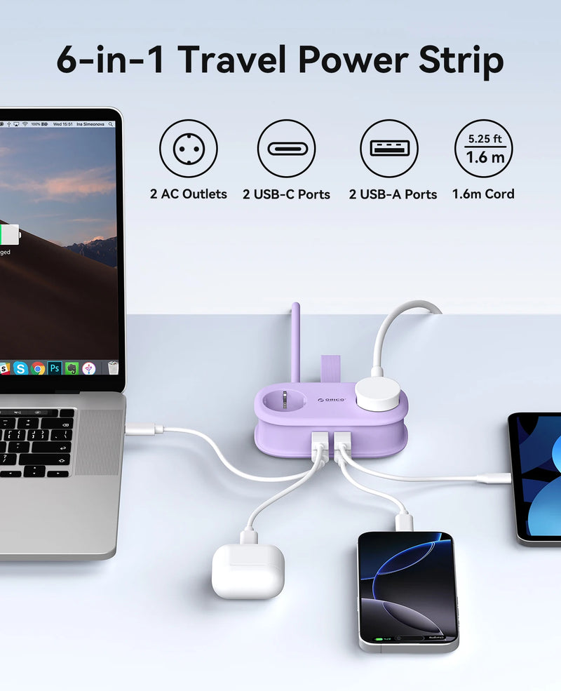 ORICO Cable-Wrap Portable Travel Power Strip 65W GaN Fast Charging Station with 2 AC Outlets 2 USB 2 Type-C EU Plug Adapter Home