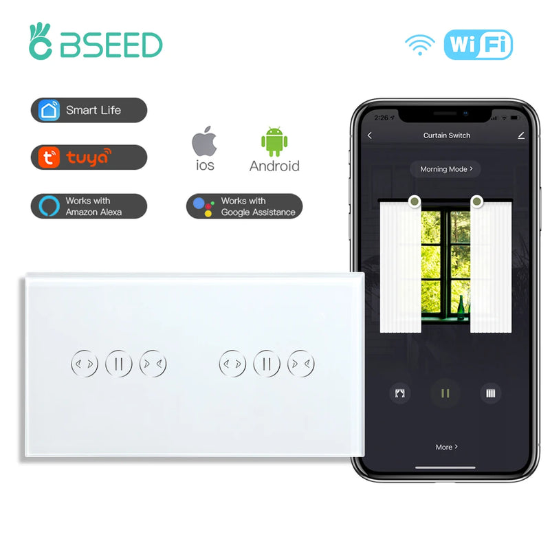 BSEED WiFi Curtain Switch Wireless Smart Touch Switch for Smart Life Tuya Alexa Blind Roller Shutter With Neutral Line