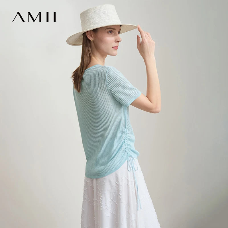 អាវយឺត AMII រដូវក្តៅធម្មតាសម្រាប់ស្ត្រីឆ្នាំ ២០២៦ ដៃអាវមូលដៃខ្លីសម្រាប់ស្ត្រីម៉ូដថ្មីដែលមានខ្សែចង 12522129