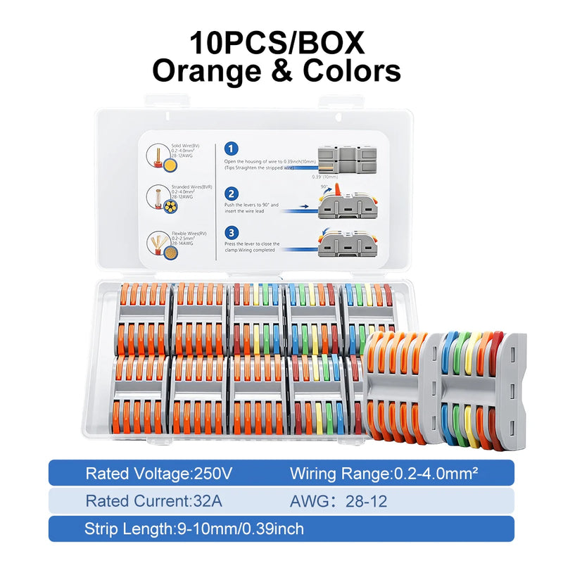 TOMZN 10PCS Lever Wire Connectors 5 In 5 Out Quick Splicing Terminal Blocks 32A 250V for 28-12AWG Solid Stranded Flexible Wires