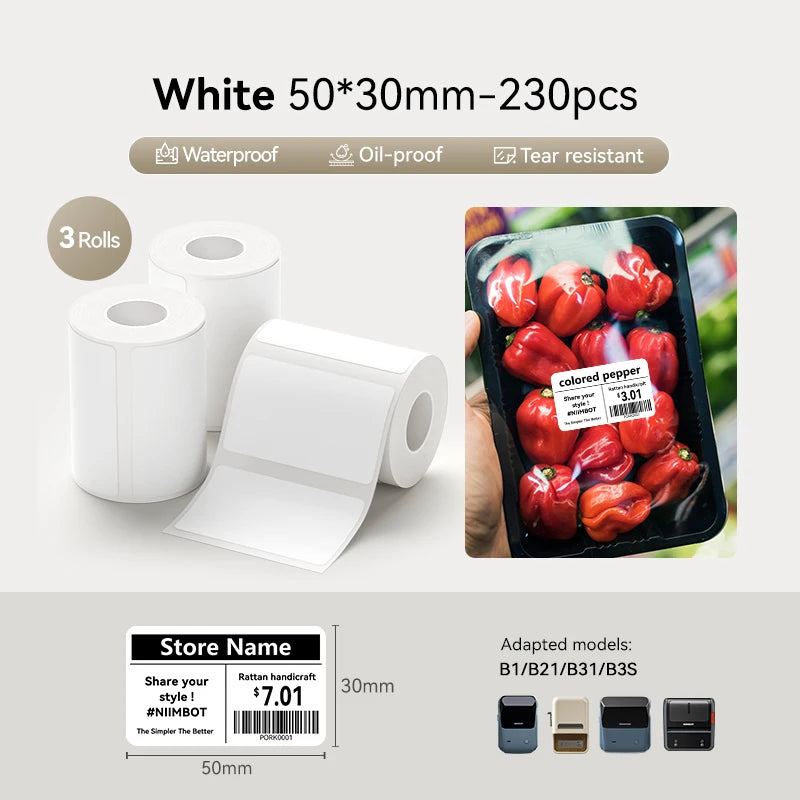 3 Rolls Niimbot Thermal Label Sticker for B1/B21/B3S/B31Barcode Sticker White/Color/Transparent Self-adhesive Paper 20-50mm