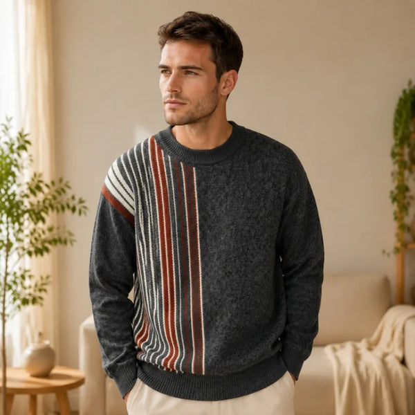 Men's Color Block Striped Sweater Crew Neck Loose Fit Knitted Pullover with Wool Autumn Winter Casual Streetwear