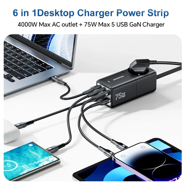 ឆ្នាំងសាកលឿន GaN Desktop 75W QC4.0 3.0 PD3.0 ស្ថានីយ៍សាកសម្រាប់ iPhone 14 13 Pro Max Xiaomi Samsung MacBook Laptop