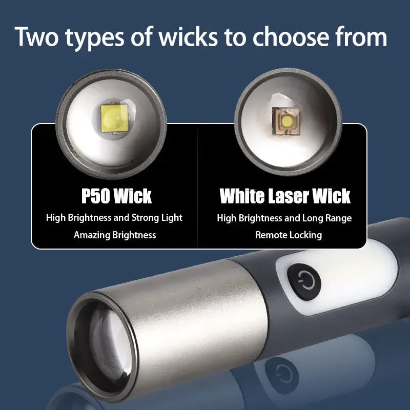 ពិល LED ពន្លឺខ្លាំង Zoom P50/ភ្លើងឡាស៊ែរពណ៌ស ពិលអាចសាកបានតាម USB ចង្កៀងបោះតង់ចល័តក្រៅផ្ទះជាមួយទំពក់
